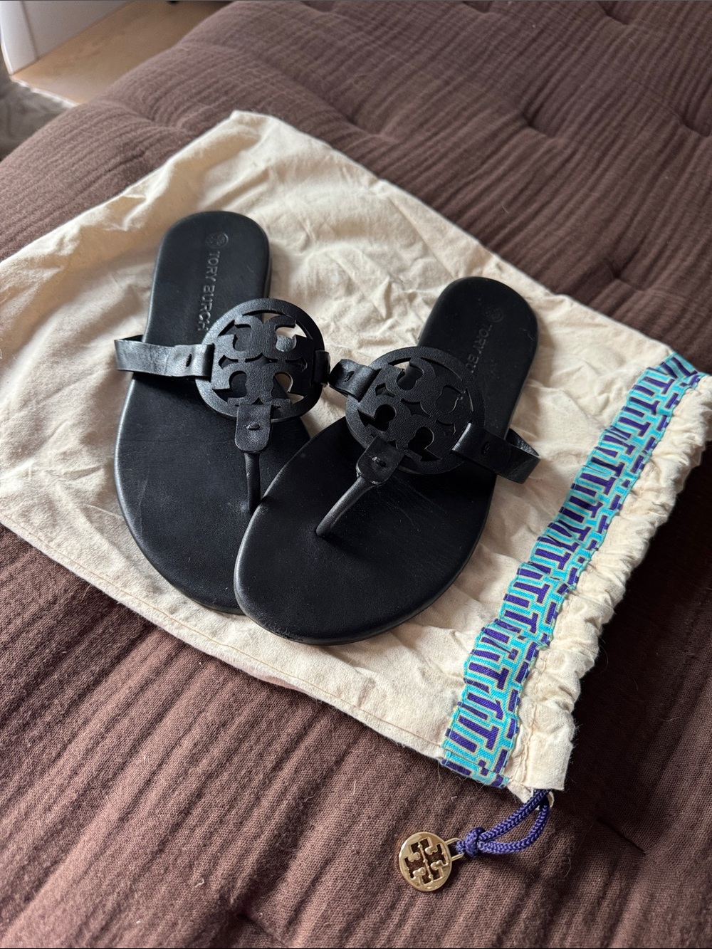 Tory Burch Matte Black Leather Miller Logo Sandals